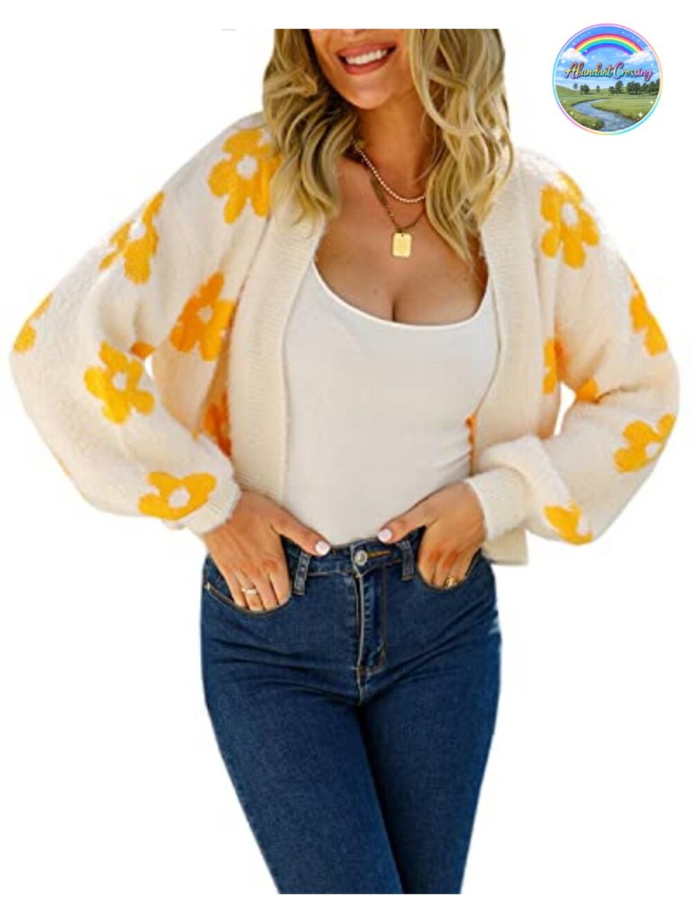 Women Floral Cropped Cardigan Long Sleeve Open Front Fuzzy Knit Sweater
